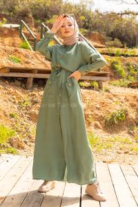 Modalamelif Tahta Düğmeli Ayrobin Elbise Çağla Yeşili