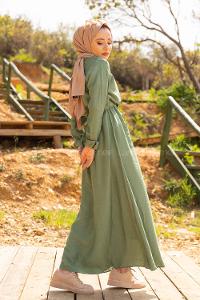 Modalamelif Tahta Düğmeli Ayrobin Elbise Çağla Yeşili