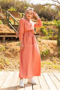 Modalamelif Tahta Düğmeli Ayrobin Elbise Gül