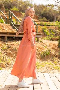 Modalamelif Tahta Düğmeli Ayrobin Elbise Gül