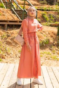 Modalamelif Tahta Düğmeli Ayrobin Elbise Gül