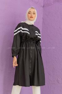 Modalamelif Bel Büzgülü Şeritli Trenç Siyah