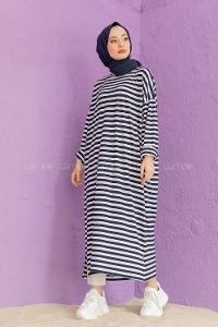 Modalamelif Çizgili Uzun Tunik Beyaz Siyah