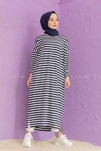 Modalamelif Çizgili Uzun Tunik Beyaz Siyah