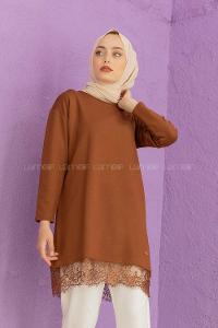 Modalamelif Etek Ucu Dantelli Tunik Acı Kahve