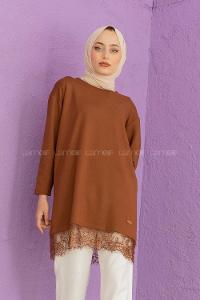 Modalamelif Etek Ucu Dantelli Tunik Acı Kahve