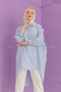 Modalamelif Gizli Düğmeli Çizgili Gömlek Mavi