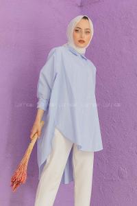 Modalamelif Gizli Düğmeli Çizgili Gömlek Mavi