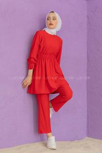 Modalamelif Bel Büzmeli Şık Takım Kırmızı