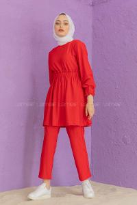 Modalamelif Bel Büzmeli Şık Takım Kırmızı