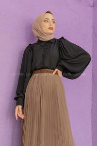 Modalamelif Fırfır Detaylı Balon Kol Gömlek Siyah