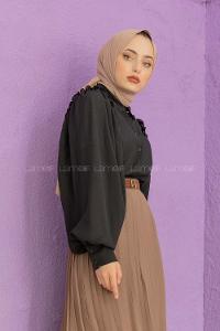 Modalamelif Fırfır Detaylı Balon Kol Gömlek Siyah