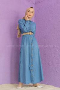 Modalamelif Hasır Kemerli Kot Elbise Mavi