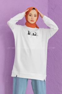 Modalamelif Kedi Baskılı Sweatshirt Beyaz