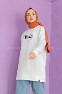 Modalamelif Kedi Baskılı Sweatshirt Beyaz