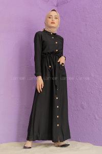 Modalamelif Tahta Düğmeli Ayrobin Elbise Siyah