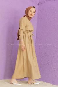 Modalamelif Tahta Düğmeli Ayrobin Elbise Sütlü Kahve