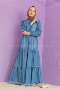 Modalamelif Yaka Bağlamalı Kot Elbise Mavi