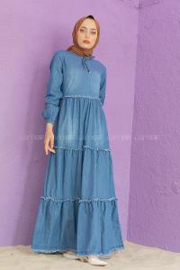 Modalamelif Yaka Bağlamalı Kot Elbise Mavi