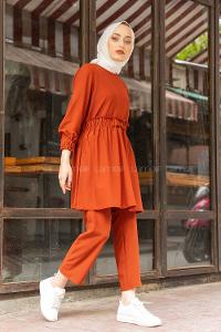 Modalamelif Bel Büzmeli Şık Takım Acı Kahve