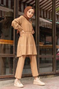 Modalamelif Bel Büzmeli Şık Takım Sütlü Kahve