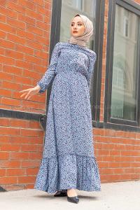 Modalamelif Çiçek Desenli  Elbise Açık Mavi