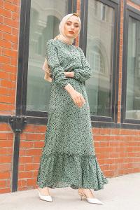 Modalamelif Çiçek Desenli  Elbise Çağla Yeşili