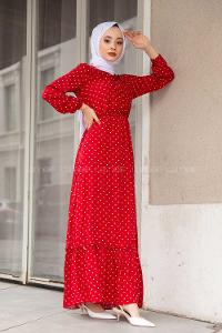 Modalamelif Puantiye Desenli  Elbise Kırmzı