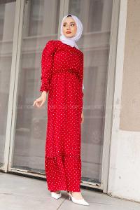 Modalamelif Puantiye Desenli  Elbise Kırmzı