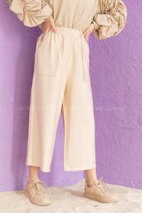 Modalamelif Bel Lastikli Kuşaklı Pantolon Taş