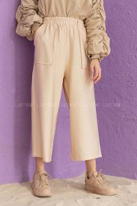 Modalamelif Bel Lastikli Kuşaklı Pantolon Taş