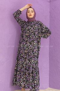 Modalamelif Balon Kol Desenli Elbise Mor