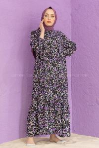 Modalamelif Balon Kol Desenli Elbise Mor