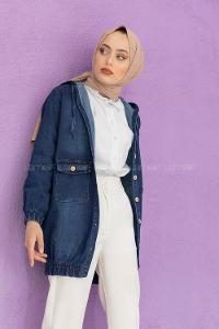 Modalamelif Kapşonlu Kot Ceket Koyu Mavi