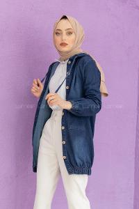 Modalamelif Kapşonlu Kot Ceket Koyu Mavi