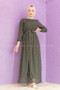 Modalamelif Mini Puantiye Desenli Elbise Haki