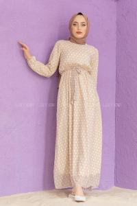 Modalamelif Mini Puantiye Desenli Elbise Taş Rengi