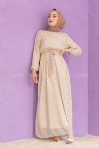 Modalamelif Mini Puantiye Desenli Elbise Taş Rengi