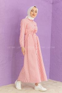 Modalamelif Önü Düğmeli Çizgili Elbise Kırmızı