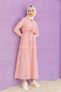 Modalamelif Önü Düğmeli Çizgili Elbise Kırmızı