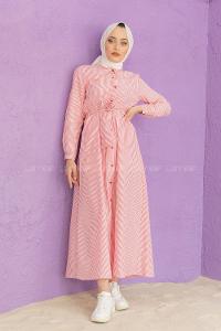 Modalamelif Önü Düğmeli Çizgili Elbise Kırmızı