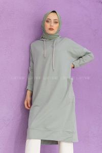 Modalamelif Kapşonlu Uzun Cep Detaylı Sweatshirt Gri Melanj