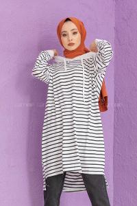 Modalamelif Çizgili Kapşonlu Tunik Beyaz