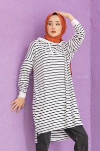 Modalamelif Çizgili Kapşonlu Tunik Beyaz