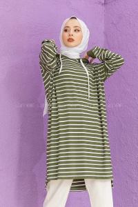 Modalamelif Çizgili Kapşonlu Tunik Haki