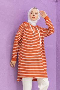 Modalamelif Çizgili Kapşonlu Tunik Kiremit