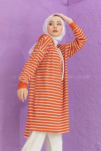 Modalamelif Çizgili Kapşonlu Tunik Kiremit