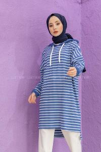 Modalamelif Çizgili Kapşonlu Tunik Mavi