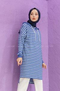 Modalamelif Çizgili Kapşonlu Tunik Mavi