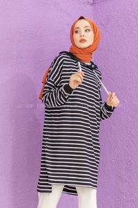 Modalamelif Çizgili Kapşonlu Tunik Siyah